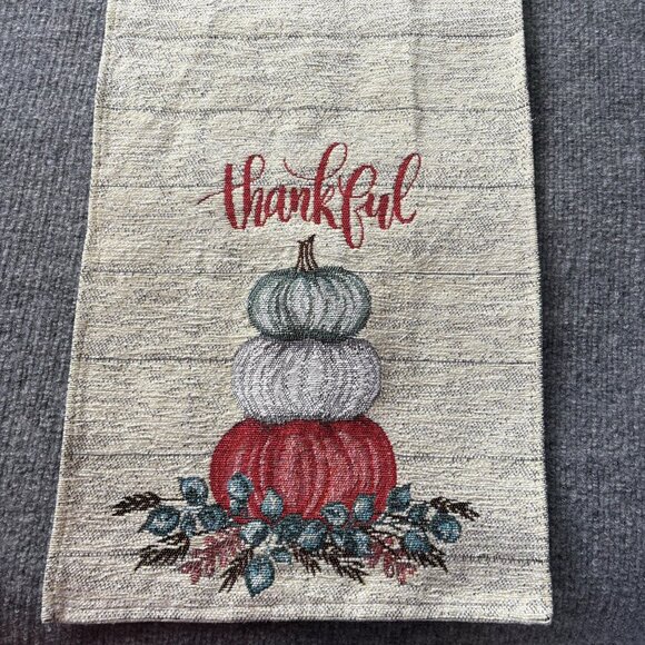 Thankful Fall Harvest Table Runner Woven Tapestry Pumpkins Floral 69” Holidays - Picture 2 of 11